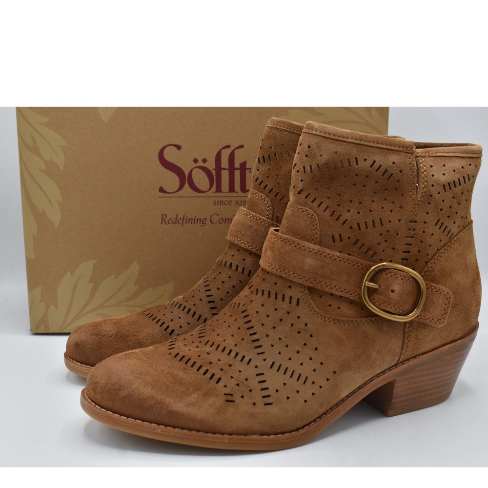 Sofft Adriana Ankle Boots Women 11 Havana Brown Suede Perforated Buckle Boots